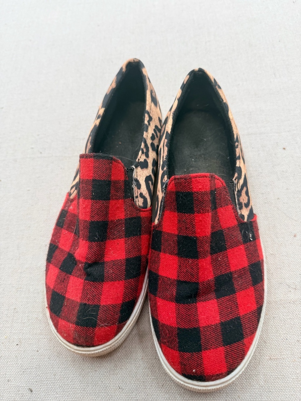 Red Black Buffalo Plaid Slip-On Sneakers with Leopard Trim